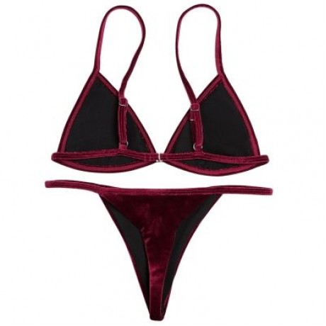 Spaghetti Strap Padded Backless Low Waist Velour Women Bikini Set (RED WINE)