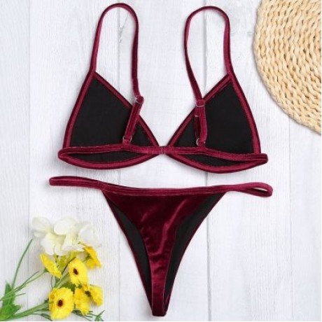 Spaghetti Strap Padded Backless Low Waist Velour Women Bikini Set (RED WINE)