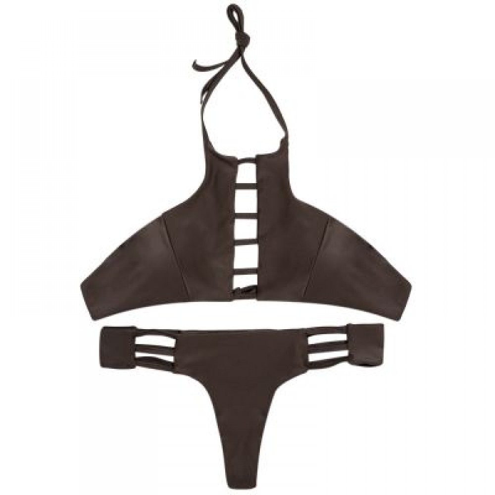 Halter Neck Backless Cut Out Tied Strap Low Waist Women Bikini Set (DEEP BROWN)