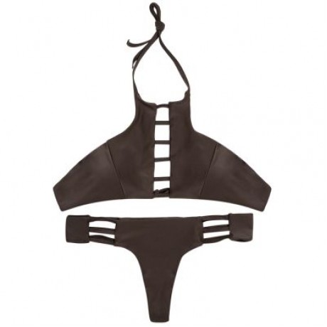 Halter Neck Backless Cut Out Tied Strap Low Waist Women Bikini Set (DEEP BROWN)