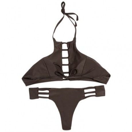 Halter Neck Backless Cut Out Tied Strap Low Waist Women Bikini Set (DEEP BROWN)