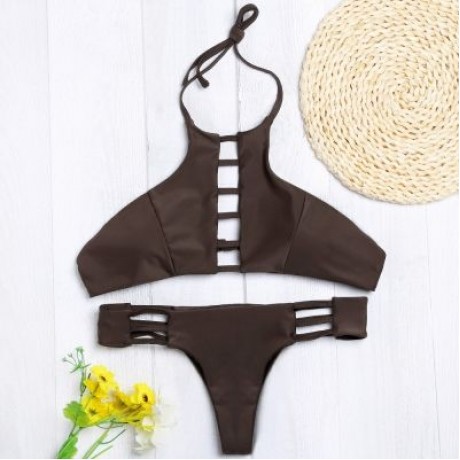 Halter Neck Backless Cut Out Tied Strap Low Waist Women Bikini Set (DEEP BROWN)
