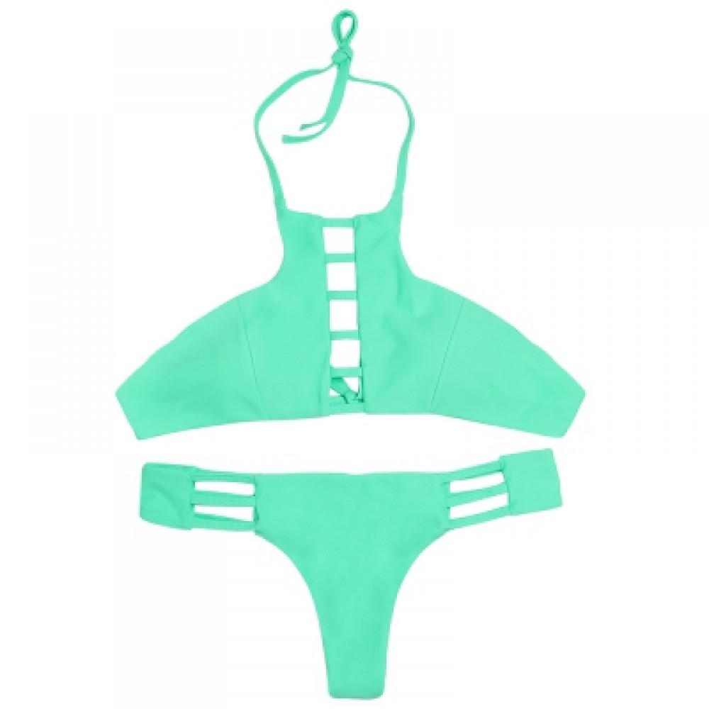Halter Neck Backless Cut Out Tied Strap Low Waist Women Bikini Set (BLUE GREEN)