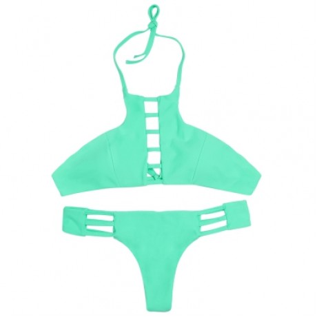 Halter Neck Backless Cut Out Tied Strap Low Waist Women Bikini Set (BLUE GREEN)