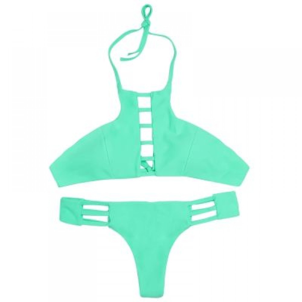 Halter Neck Backless Cut Out Tied Strap Low Waist Women Bikini Set (BLUE GREEN)