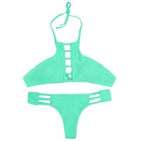 Halter Neck Backless Cut Out Tied Strap Low Waist Women Bikini Set (BLUE GREEN)