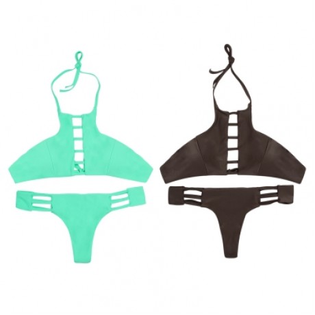 Halter Neck Backless Cut Out Tied Strap Low Waist Women Bikini Set (BLUE GREEN)