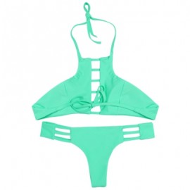 Halter Neck Backless Cut Out Tied Strap Low Waist Women Bikini Set (BLUE GREEN)