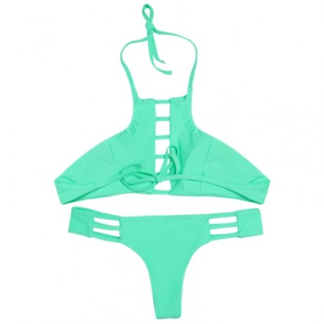 Halter Neck Backless Cut Out Tied Strap Low Waist Women Bikini Set (BLUE GREEN)