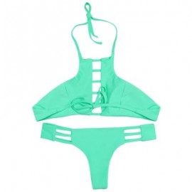 Halter Neck Backless Cut Out Tied Strap Low Waist Women Bikini Set (BLUE GREEN)