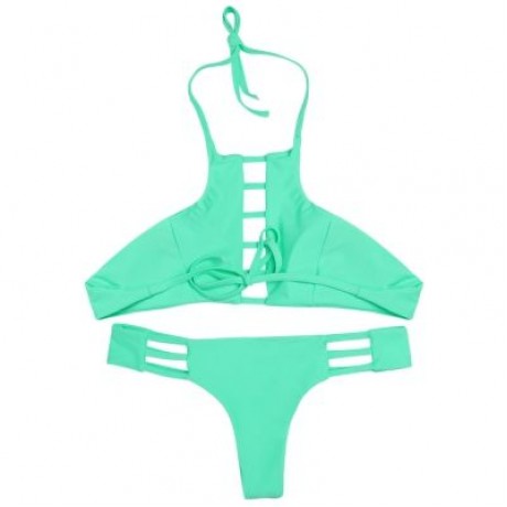 Halter Neck Backless Cut Out Tied Strap Low Waist Women Bikini Set (BLUE GREEN)
