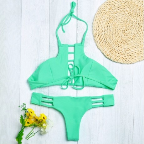 Halter Neck Backless Cut Out Tied Strap Low Waist Women Bikini Set (BLUE GREEN)