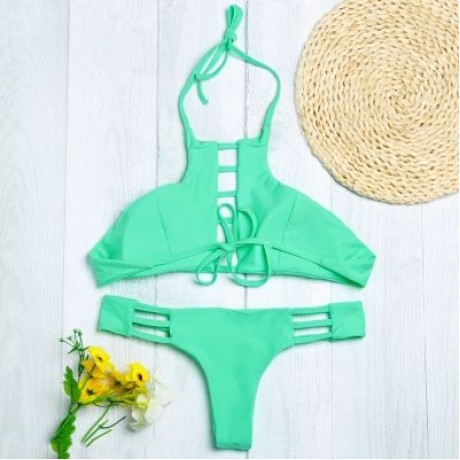 Halter Neck Backless Cut Out Tied Strap Low Waist Women Bikini Set (BLUE GREEN)