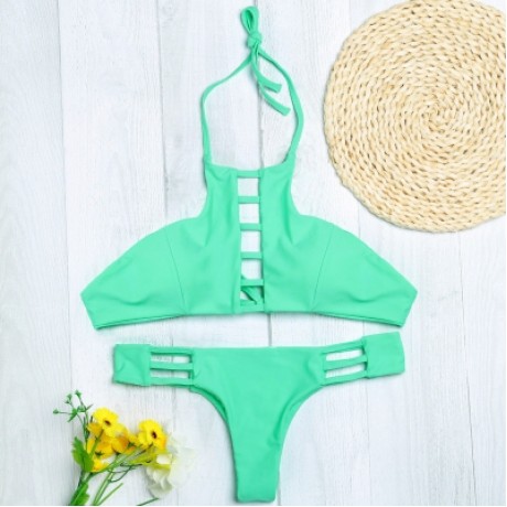 Halter Neck Backless Cut Out Tied Strap Low Waist Women Bikini Set (BLUE GREEN)