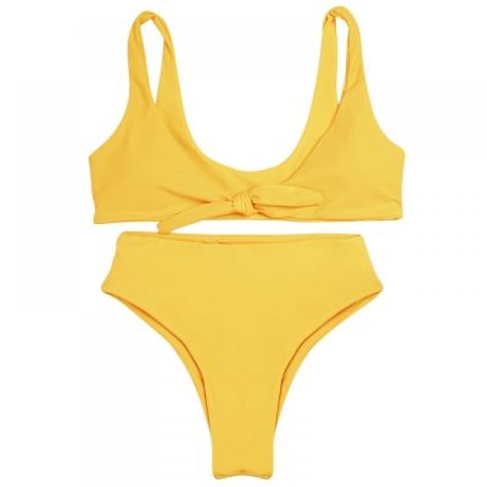 Shoulder Strap Backless Padded Bowknot Solid Color Women Bikini Set (RUBBER DUCKY YELLOW)
