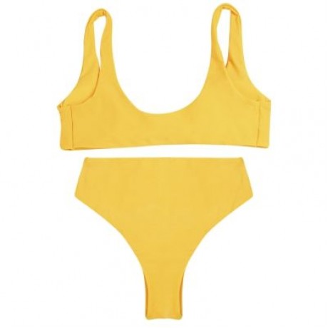 Shoulder Strap Backless Padded Bowknot Solid Color Women Bikini Set (RUBBER DUCKY YELLOW)