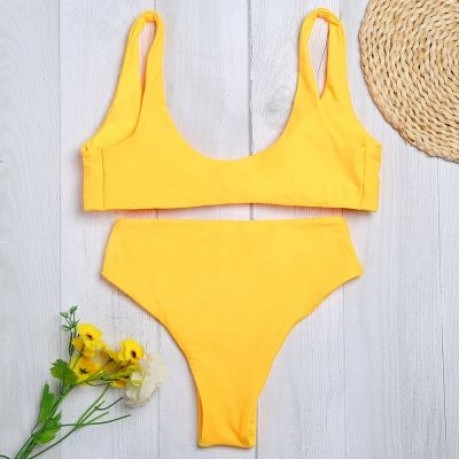 Shoulder Strap Backless Padded Bowknot Solid Color Women Bikini Set (RUBBER DUCKY YELLOW)