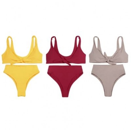 Shoulder Strap Backless Padded Bowknot Solid Color Women Bikini Set (RUBBER DUCKY YELLOW)