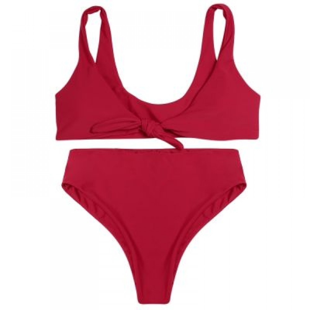 Shoulder Strap Backless Padded Bowknot Solid Color Women Bikini Set (CHERRY RED)