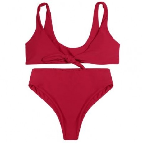 Shoulder Strap Backless Padded Bowknot Solid Color Women Bikini Set (CHERRY RED)