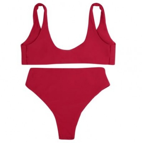 Shoulder Strap Backless Padded Bowknot Solid Color Women Bikini Set (CHERRY RED)