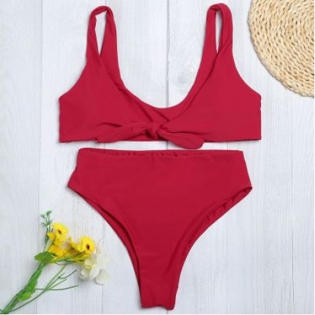 Shoulder Strap Backless Padded Bowknot Solid Color Women Bikini Set (CHERRY RED)