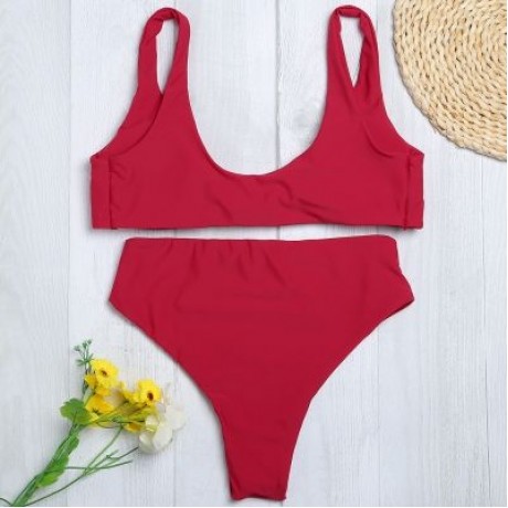Shoulder Strap Backless Padded Bowknot Solid Color Women Bikini Set (CHERRY RED)