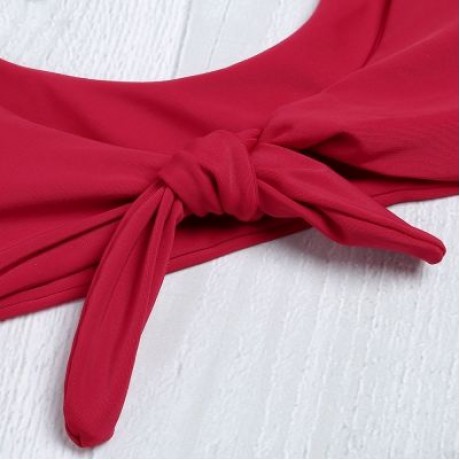 Shoulder Strap Backless Padded Bowknot Solid Color Women Bikini Set (CHERRY RED)