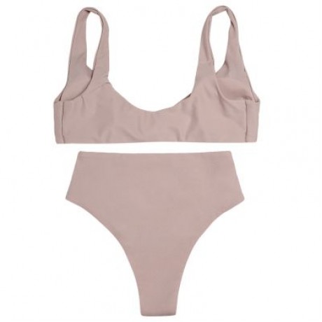 Shoulder Strap Backless Padded Bowknot Solid Color Women Bikini Set (APRICOT)