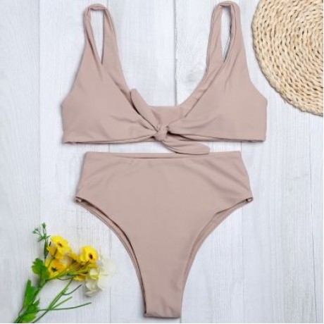 Shoulder Strap Backless Padded Bowknot Solid Color Women Bikini Set (APRICOT)
