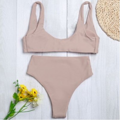 Shoulder Strap Backless Padded Bowknot Solid Color Women Bikini Set (APRICOT)