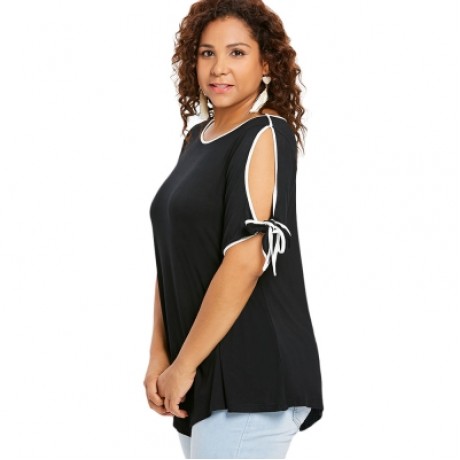 Plus Size Slit Sleeve T-shirt (BLACK)