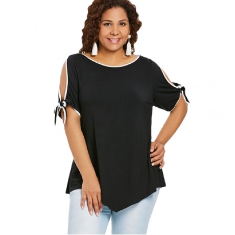 Plus Size Slit Sleeve T-shirt (BLACK)