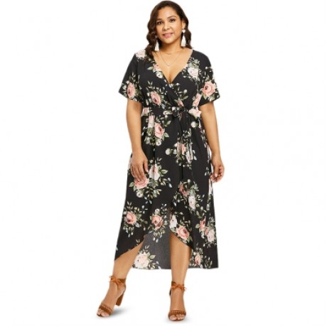 Plus Size Flower Plunging Neck Dress (BLACK)