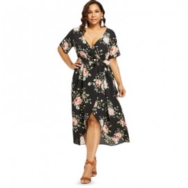 Plus Size Flower Plunging Neck Dress (BLACK)