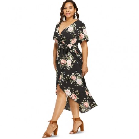 Plus Size Flower Plunging Neck Dress (BLACK)