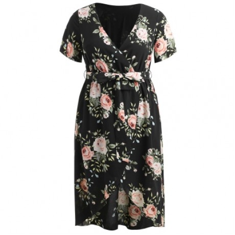 Plus Size Flower Plunging Neck Dress (BLACK)