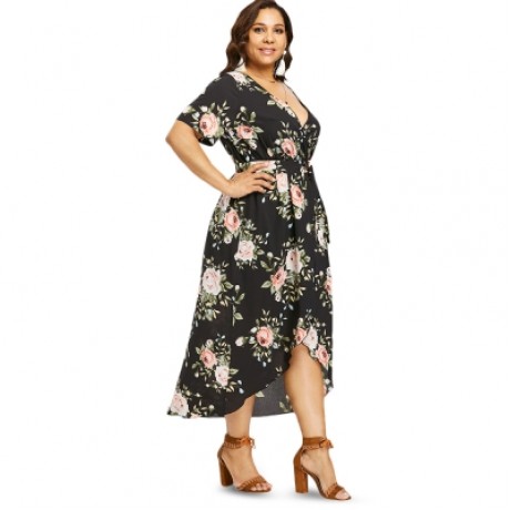 Plus Size Flower Plunging Neck Dress (BLACK)