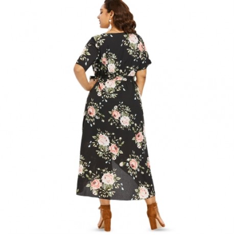 Plus Size Flower Plunging Neck Dress (BLACK)