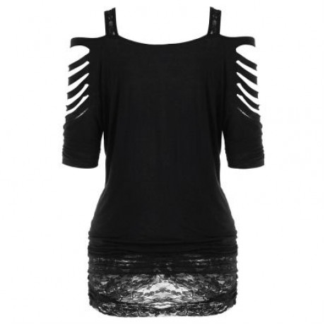 Women Cold Shoulder Hollow Sleeve Printed Floral Lace Shirt Female Blouse (BLACK)