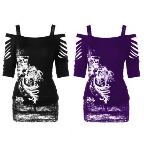 Women Cold Shoulder Hollow Sleeve Printed Floral Lace Shirt Female Blouse (BLACK)