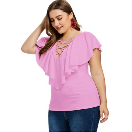 Criss Cross Plus Size Ruffle Insert T-shirt (HOT PINK)