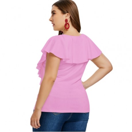 Criss Cross Plus Size Ruffle Insert T-shirt (HOT PINK)