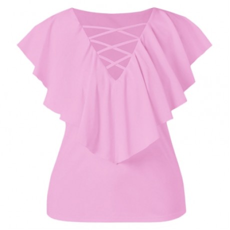 Criss Cross Plus Size Ruffle Insert T-shirt (HOT PINK)
