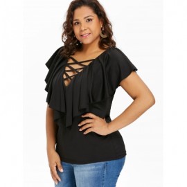 Criss Cross Plus Size Ruffle Insert T-shirt (BLACK)