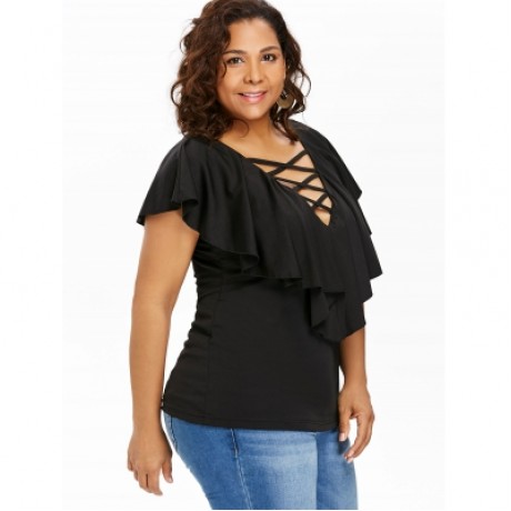 Criss Cross Plus Size Ruffle Insert T-shirt (BLACK)