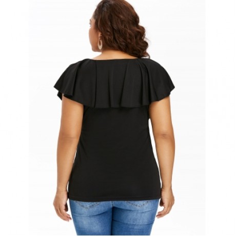 Criss Cross Plus Size Ruffle Insert T-shirt (BLACK)