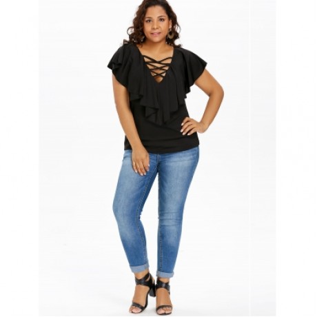 Criss Cross Plus Size Ruffle Insert T-shirt (BLACK)