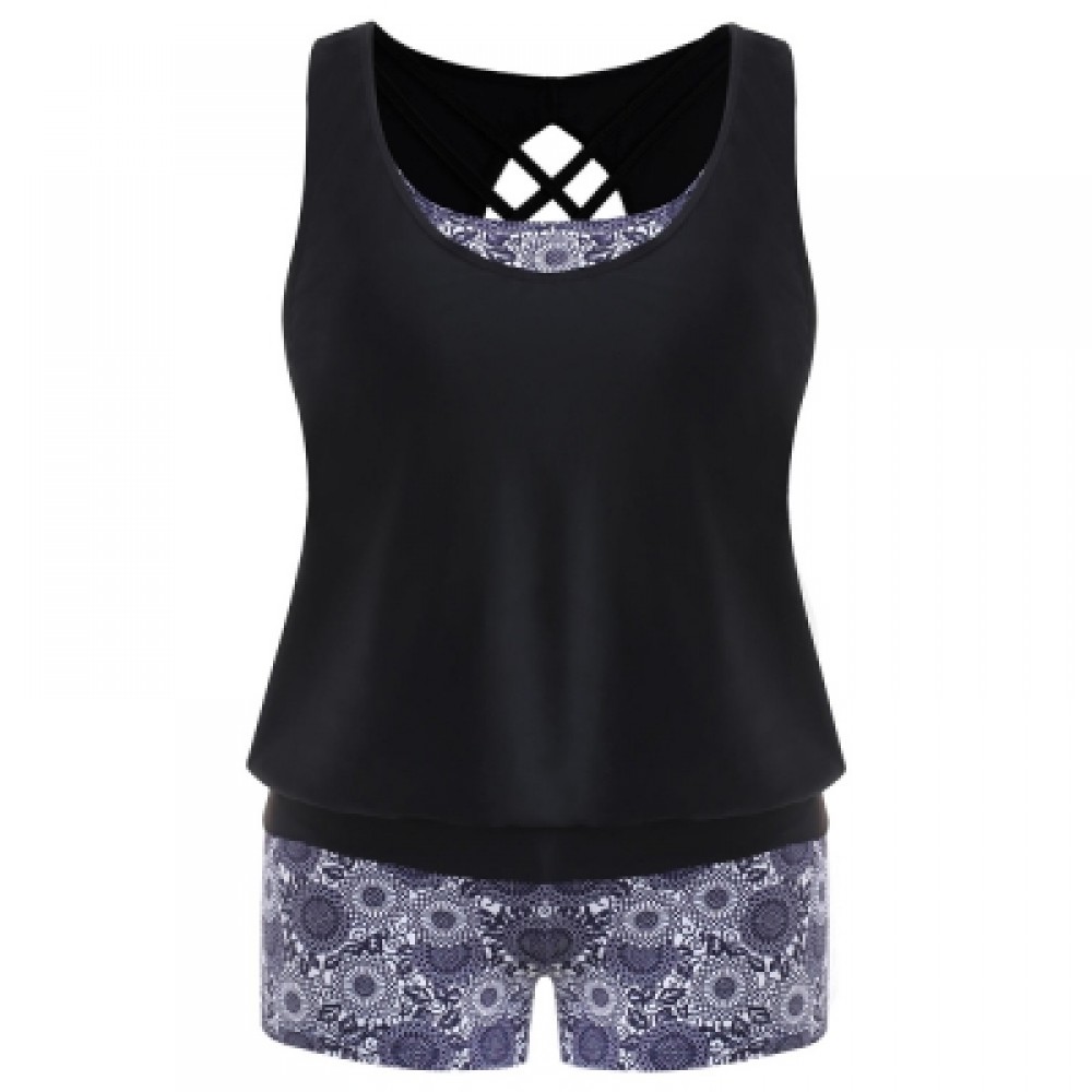 Plus Size Floral Three Pieces Bikini Set (MIDNIGHT BLUE)