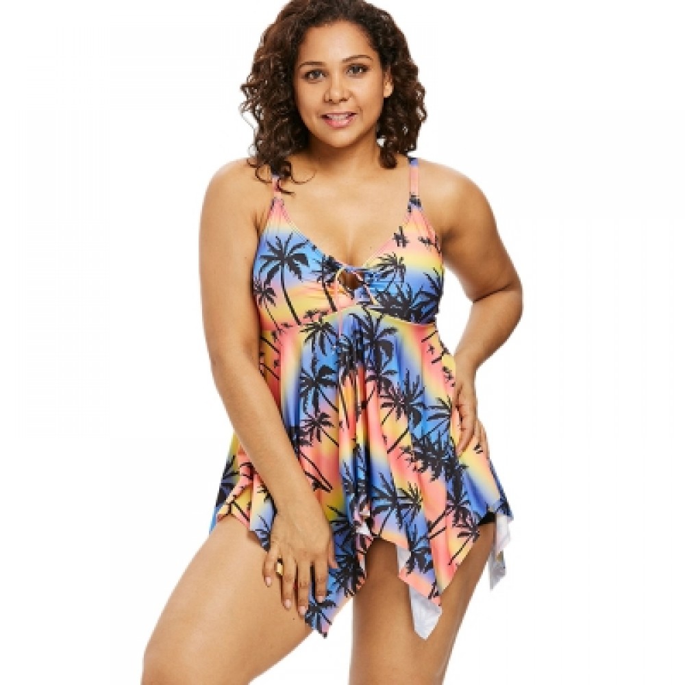 Plus Size Palm Tree Handkerchief Tankini Set (MULTI)